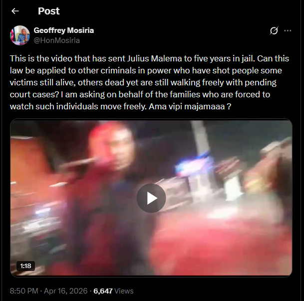 A post shared by Geoffrey Mosiria on his X. PHOTO/Screengrab by K24 Digital