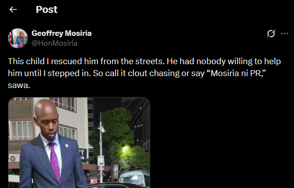 A post shared by Geoffrey Mosiria on X. PHOTO/Screengrab by K24 Digital