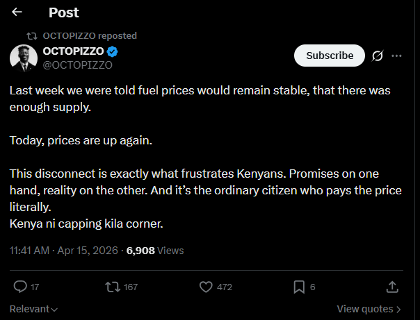 A post shared by Octopizzo on X. PHOTO/Screengrab by K24 Digital