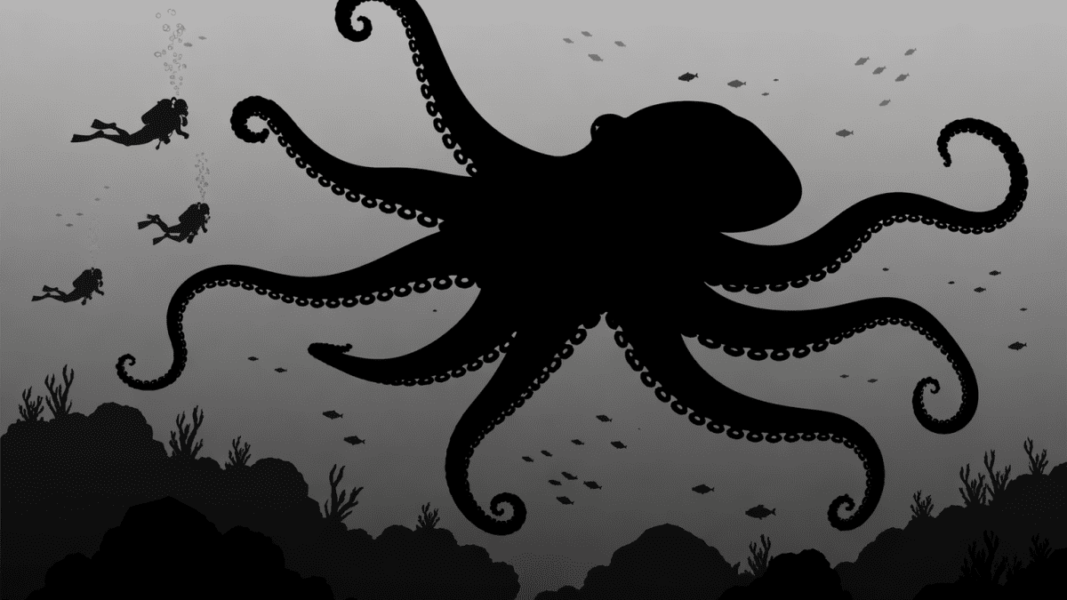 Giant octopus and divers in silhouette. PHOTO/AI