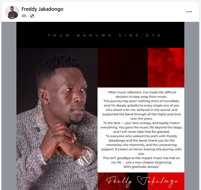 Freddy Jakadongo announces exit from music industry. PHOTO/https://www.facebook.com/profile.php?id=100044424340235