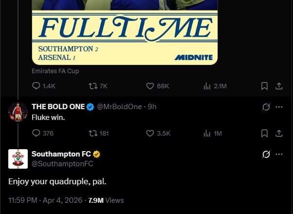 Southampton bantering Arsenal fan for questioning their FA Cup victory on Saturday April 4, 2026. PHOTO/Screengrab by K24/@SouthamptonFC/X