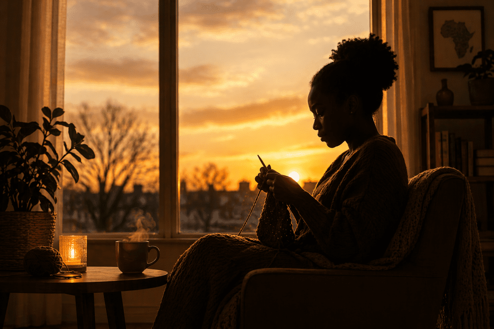 Awomen in a cozy home knitting at sunset. PHOTO/AI