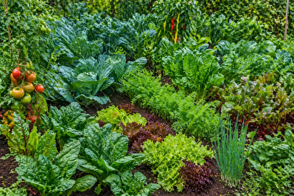 Mixed vegetables growing in a healthy home garden with fresh greens, tomatoes and rich soil. PHOTO/Photo generated by AI