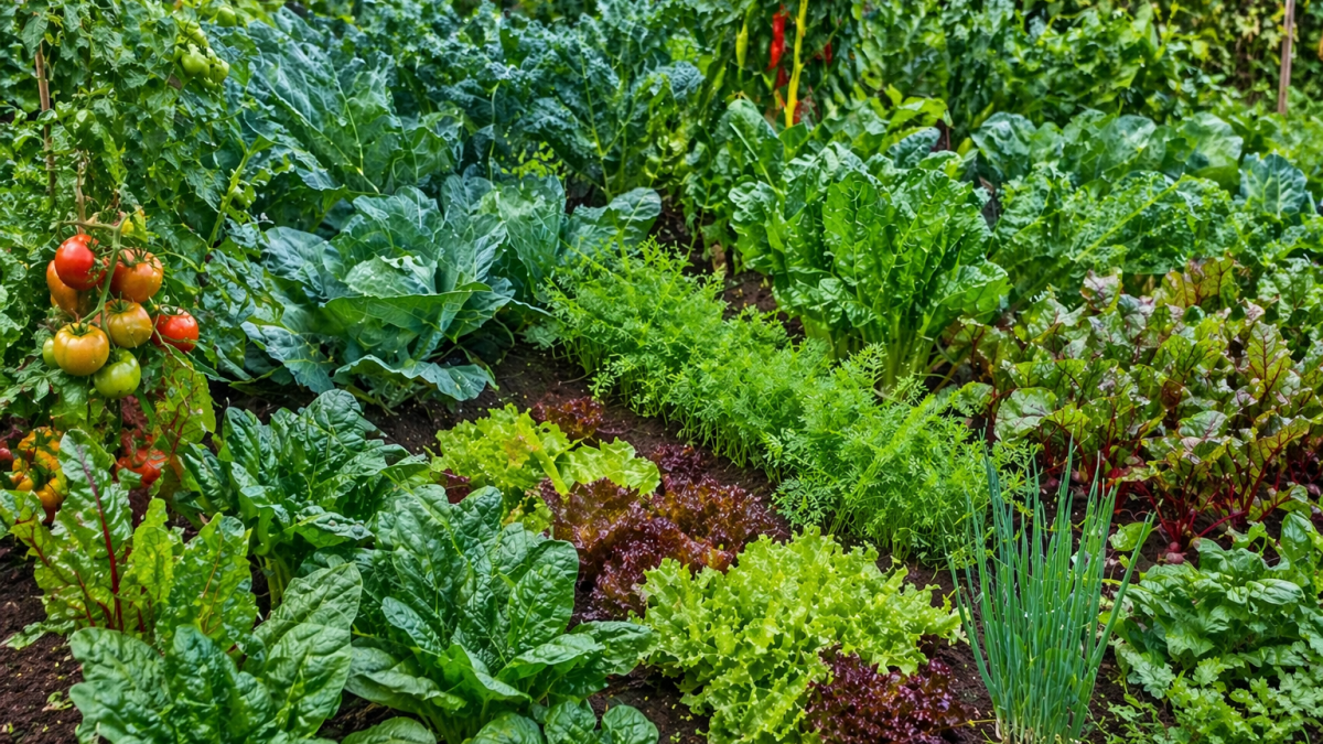 Mixed vegetables growing in a healthy home garden with fresh greens, tomatoes and rich soil. PHOTO/Photo generated by AI