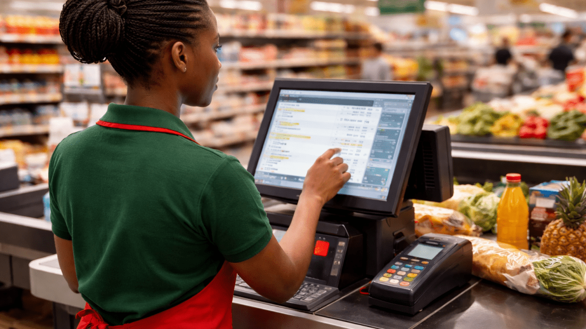 A supermarket attendant operates a point of sale system while serving customers in a busy retail store. PHOTO/Photo generated by AI