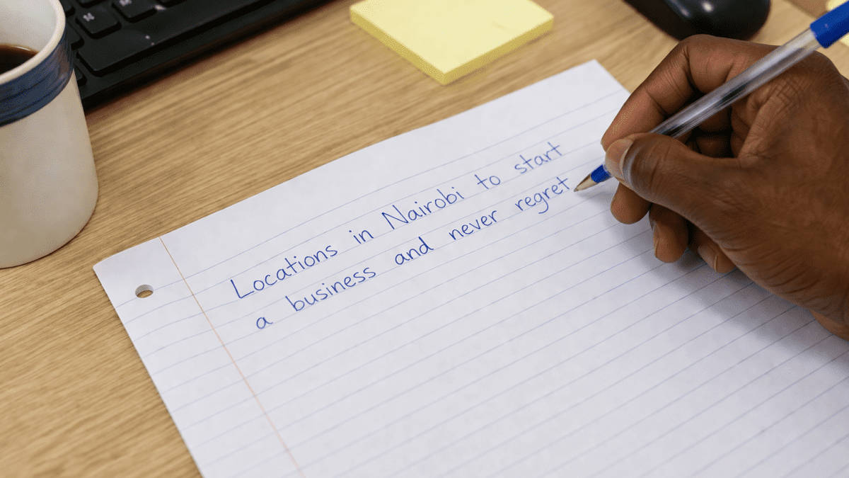 A handwritten note on an office desk highlights promising locations in Nairobi where entrepreneurs can start a business with confidence. PHOTO/Photo generated by AI