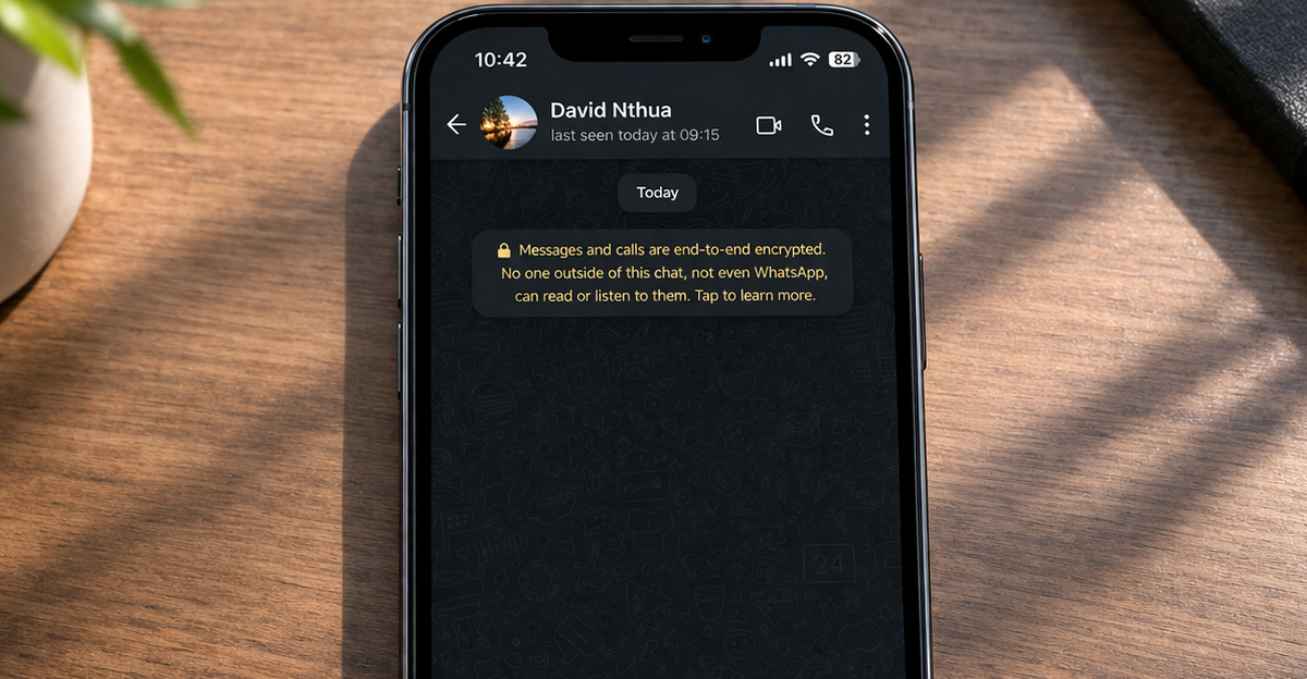 Sleek smartphone placed on a wooden desk, displaying a blank WhatsApp chat with “David Nthua”. PHOTO/Photo generated by AI