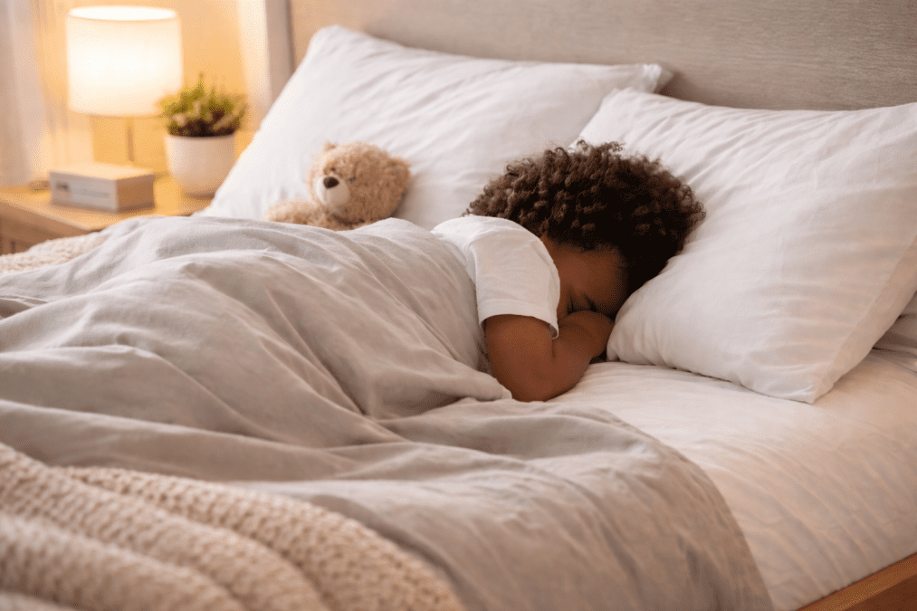 Child sleeping peacefully in a neat bed with face hidden in a cosy bedroom. PHOTO/Photo generated by AI
