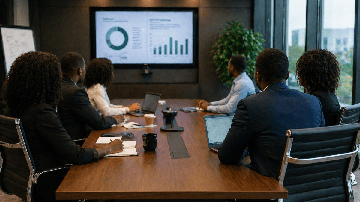 Professionals attend a boardroom meeting around a table, viewed from behind with faces not visible. PHOTO/Photo generated by AI
