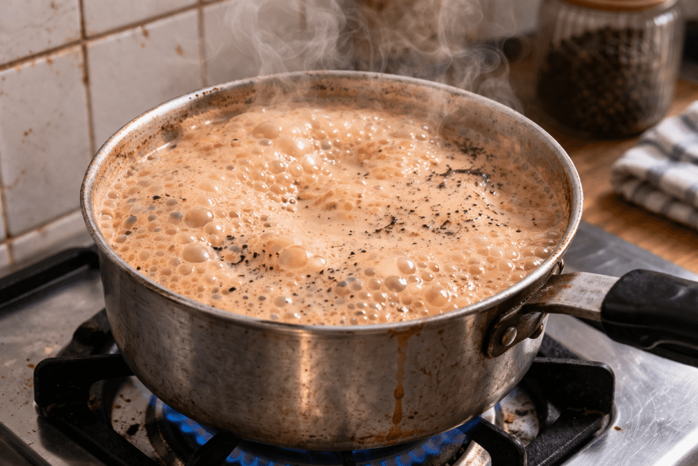 Image of milk tea boiling in a metal sufuria on a gas stove, with bubbling creamy chai, visible tea leaves, rising steam. PHOTO/Phoyo generated by AI