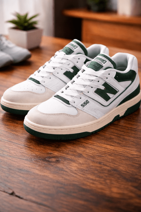A pair of sneaker shoes placed on a wooden board. PHOTO/Photo generated by AI