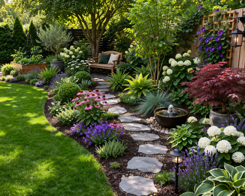 Rustic rural garden with lush vegetables, blooming flowers and scenic countryside backdrop. PHOTO/Phoyo generated by AI