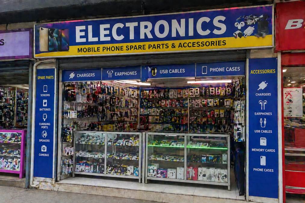 Mobile phone accessories and spare parts shop displaying chargers, earphones, phone cases and repair items in a busy electronics storefront. PHOTO/Photo generated by AI