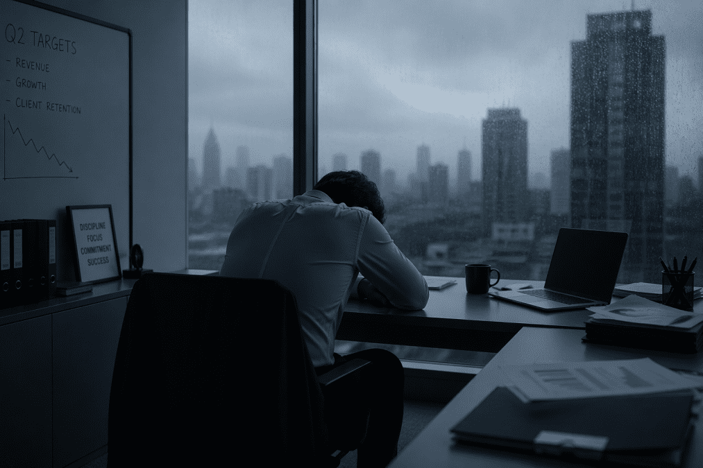 Sad corporate worker sits at office desk with head down beside a rainy window, face hidden in a dark workplace scene. PHOTO/Photo generated by AI