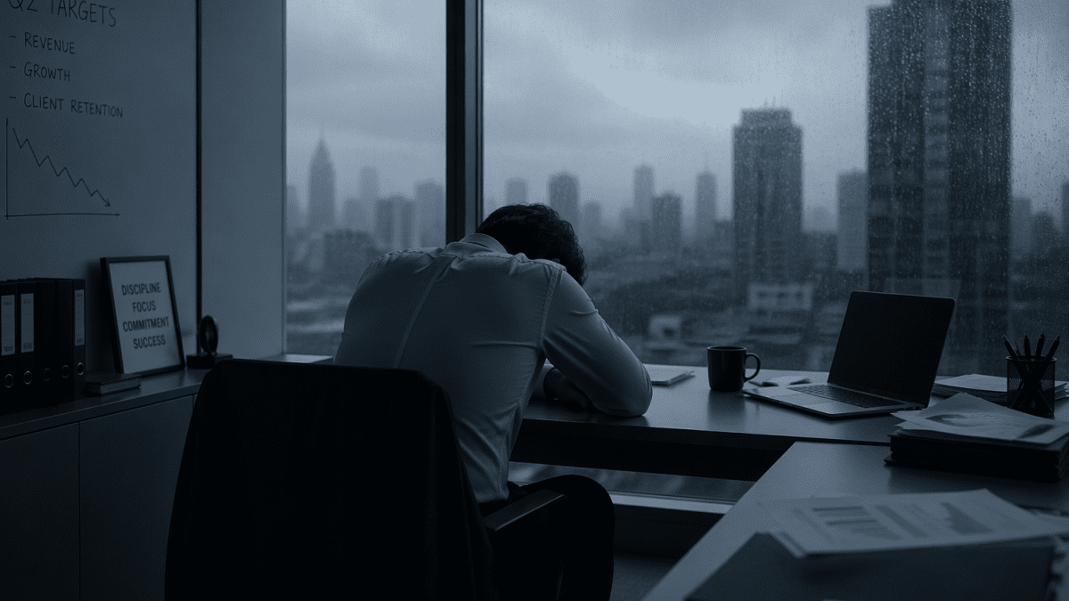 Sad man sits at an office desk with head down beside a rainy window, face hidden in a dark workplace scene. PHOTO/Photo generated by AI