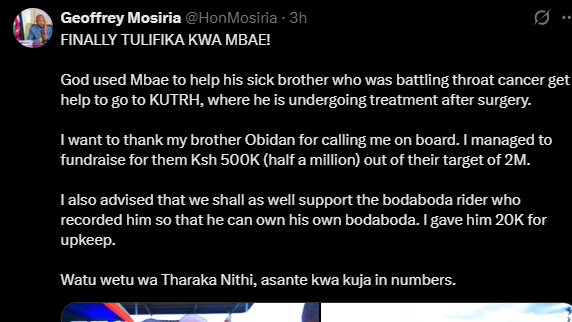 A post shared by Geoffrey Mosiria on X. PHOTO/Screengrab by K24 Digital