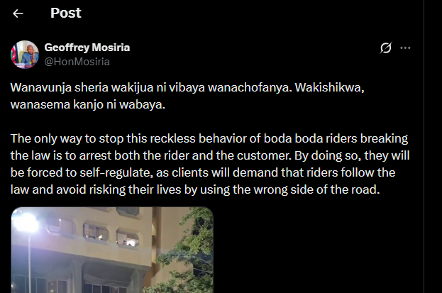 A post shared by Geoffrey Mosiria on X. PHOTO/Screengrab by K24 Digital