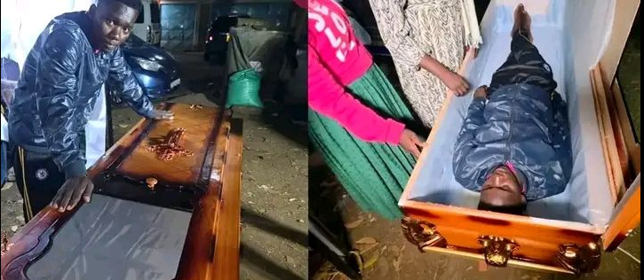 Pastor Jimmy Irungu sleeping inside a coffin. PHOTO/https://www.facebook.com/profile.php?id=61582409825092