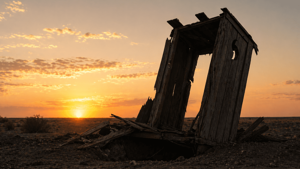 Sunset over an abandoned outhouse. PHOTO/AI