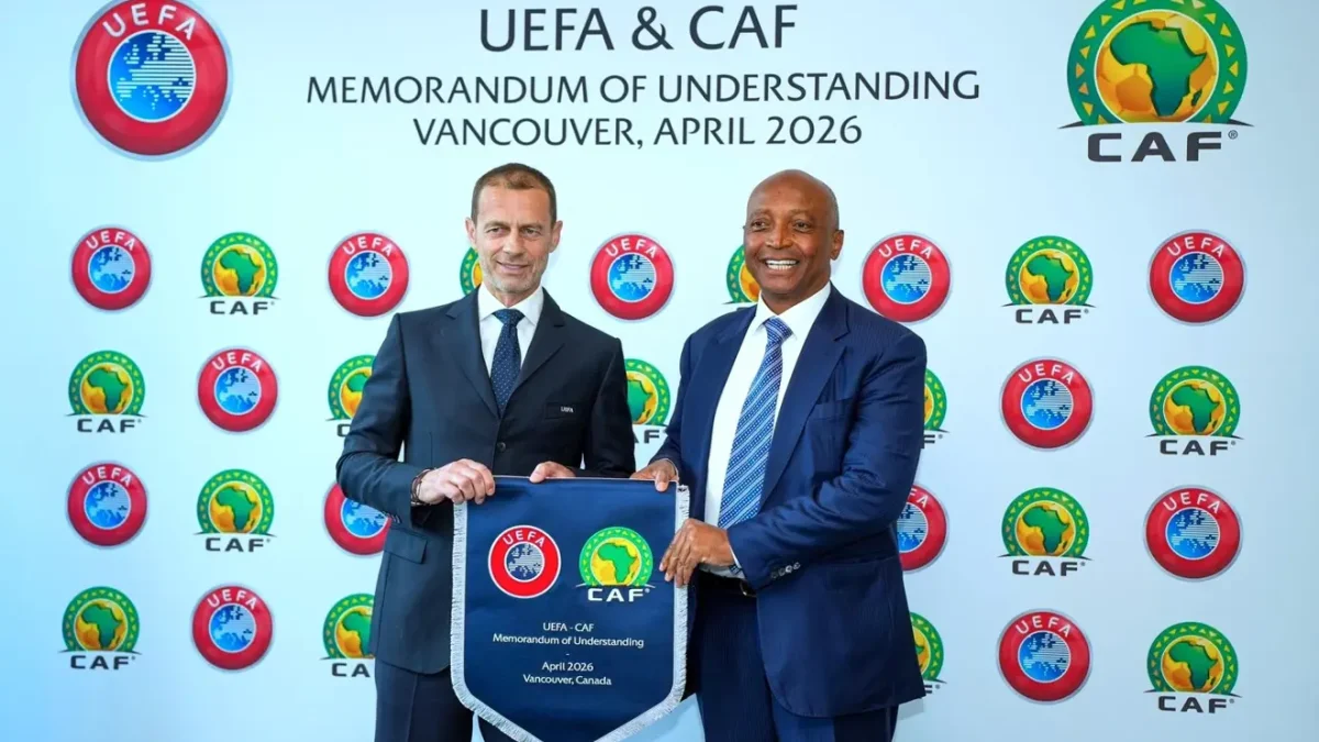 UEFA President Aleksander Ceferin and CAF President Patrice Motsepe after signing and MoU. PHOTO/CAF