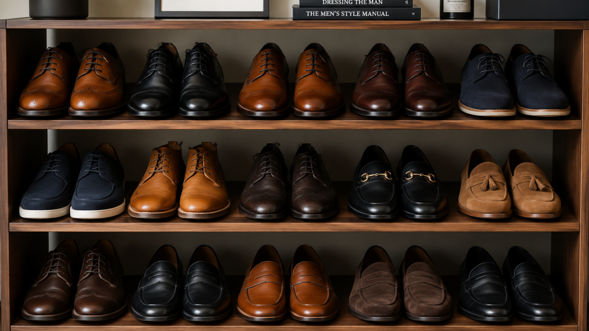 A neatly arranged wooden shoe rack displaying different styles of men’s shoes, including leather dress shoes, loafers, boots, and casual footwear in a modern indoor setting. PHOTO/Photo generated by AI