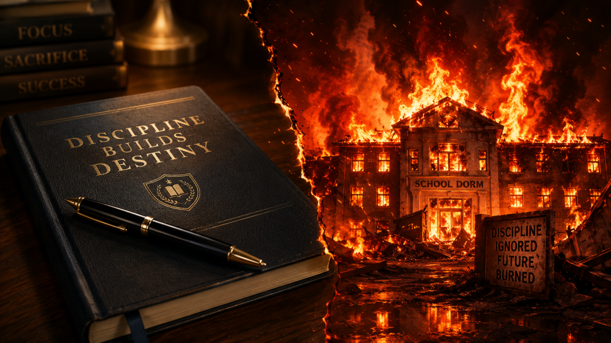 A photo collage of a book and a dorm on fire. PHOTO/AI