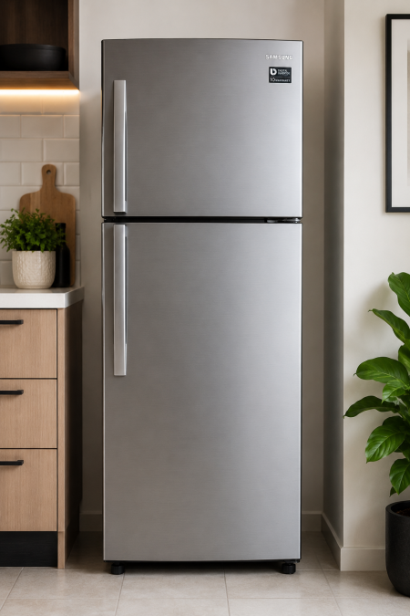 A modern silver double-door refrigerator standing in a clean kitchen with wooden cabinets, indoor plants, and soft lighting. PHOTO/Photo generated by AI