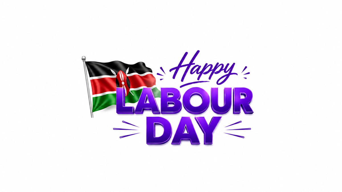 Clean white background graphic with a centered Kenyan flag and bold purple “Happy Labour Day” text. PHOTO/Photo generated by AI