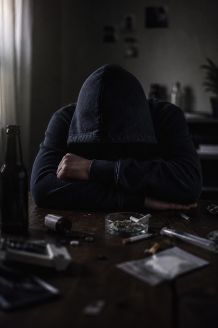 A person in a dark hoodie sits with their head down on a table in a dimly lit room, surrounded by scattered items. PHOTO/Photo generated by AI