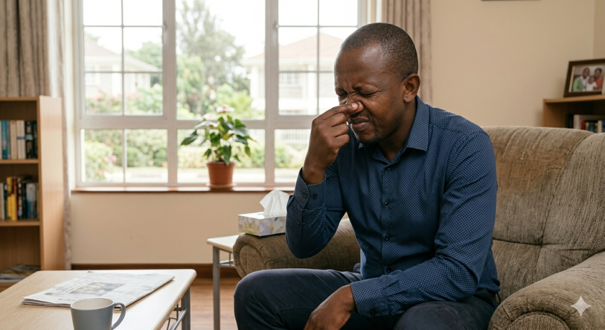 A man resisting to sneeze.