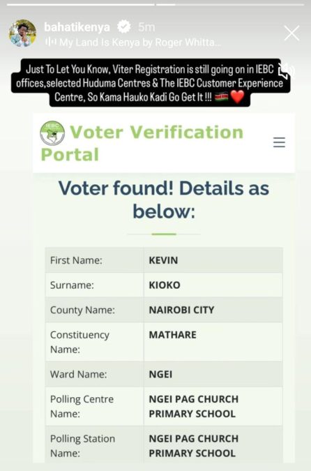 Bahati's IEBC voter registration details. PHOTO/@bahatikenya/Instagram