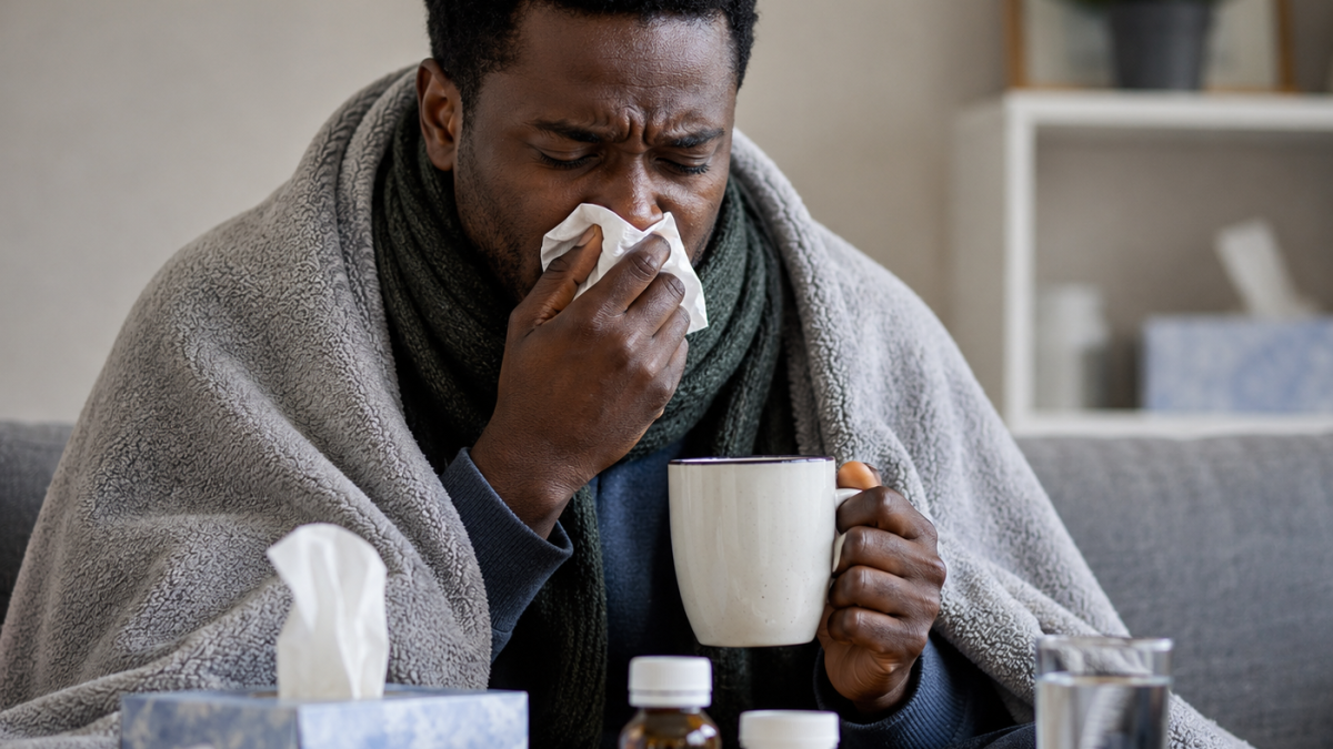 A sick man resting on the couch.