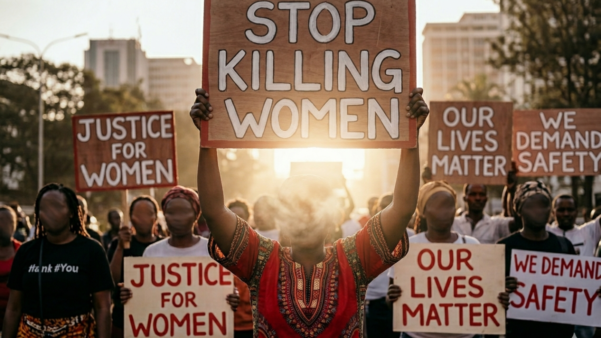 A crowd of protestors in Kenya holds up placards demanding justice and safety for women. PHOTO/AI