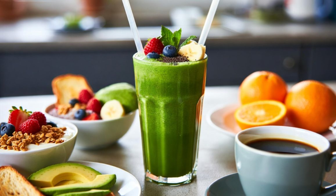 Healthy food flat-lay on wooden table. PHOTO/AI