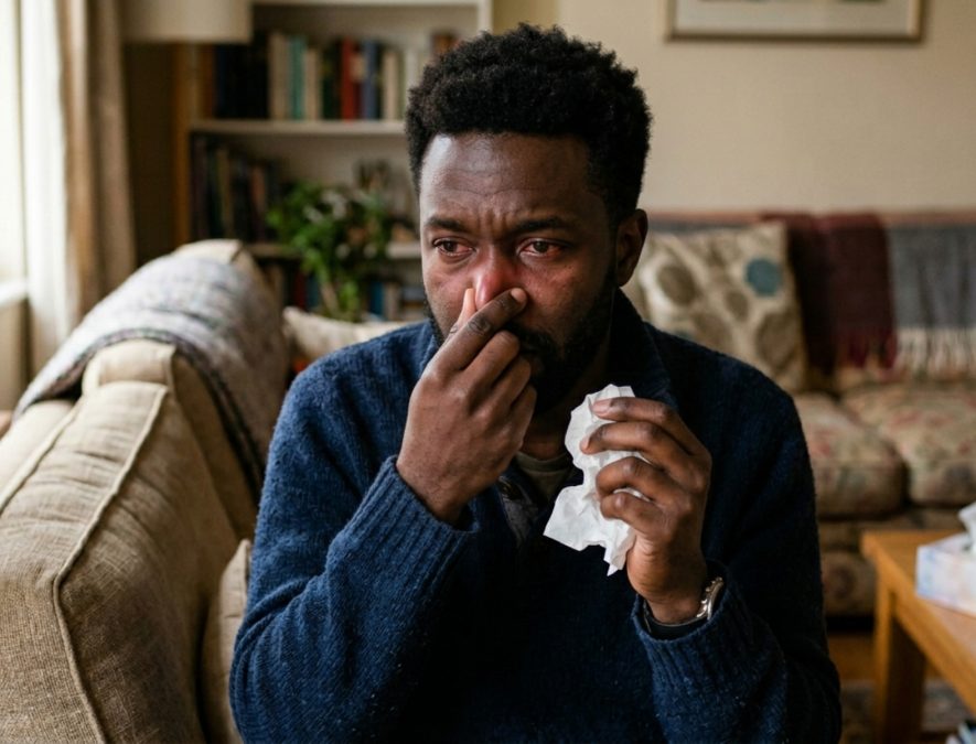 A sick man resting on the couch. 