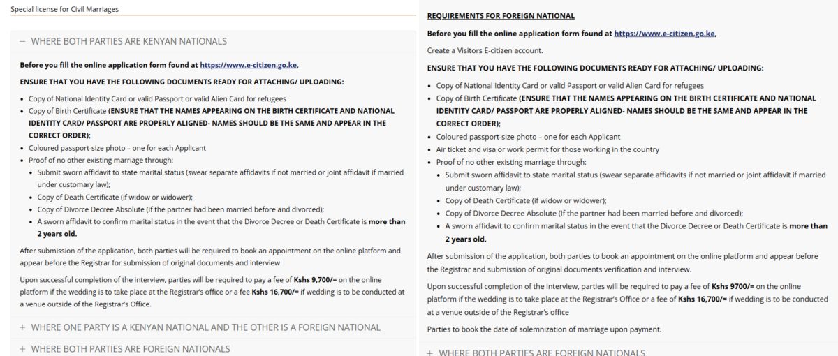 Requirements of a civil wedding in Kenya. PHOTO/https://www.statelaw.go.ke/services-to-the-public/getting-married-in-kenya/registration-of-marriage-by-special-license/