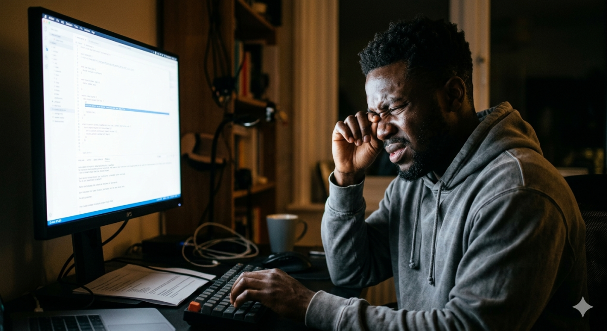 A man straining his eyes due to long hours of work. 