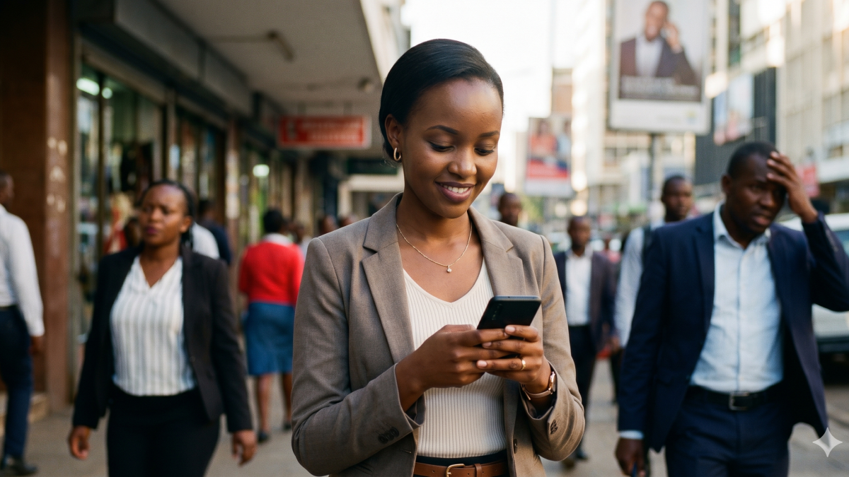 A calm woman checks her phone amidst busy Nairobi streets. PHOTO/Gemini