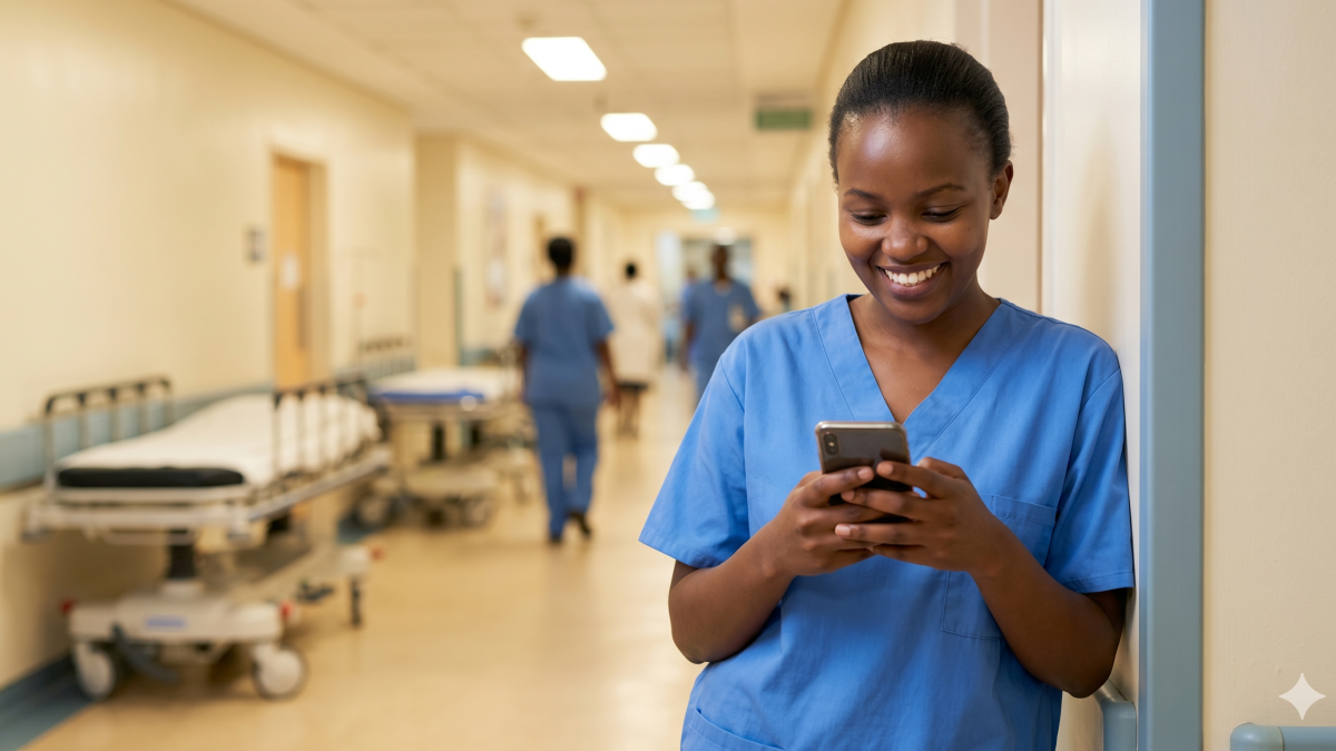 A nurse in uniform smiles while connecting with loved ones via text message during a hospital break. PHOTO/Gemini
