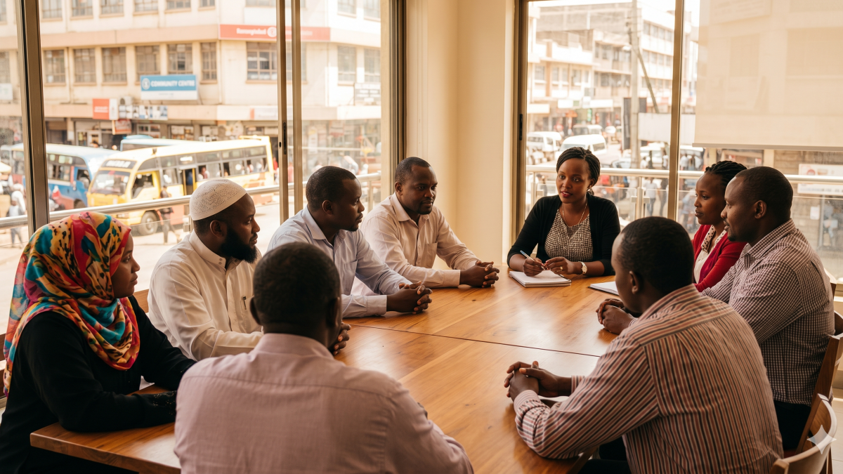 A diverse group of Kenyan professionals discuss ethical finance opportunities in a modern Nairobi community center. PHOTO/Gemini