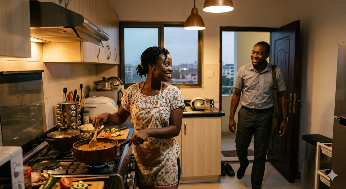 A woman is cooking for her partner as a formof creation.