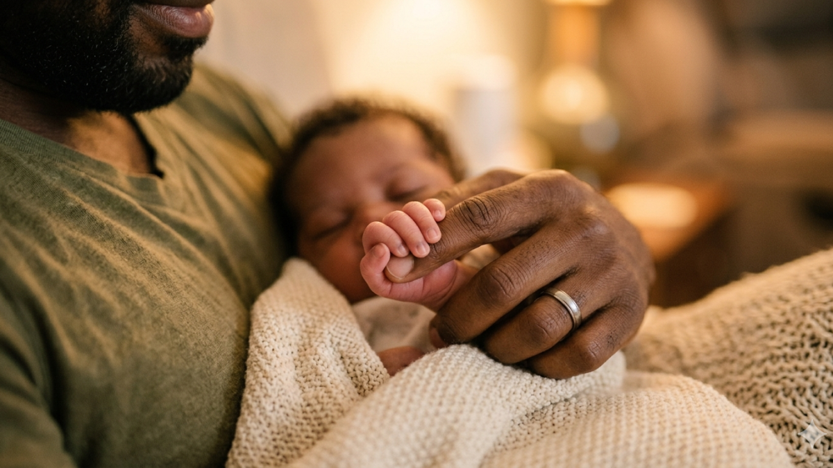 Generated image of a newborn holding a man's index finger. PHOTO/Gemini