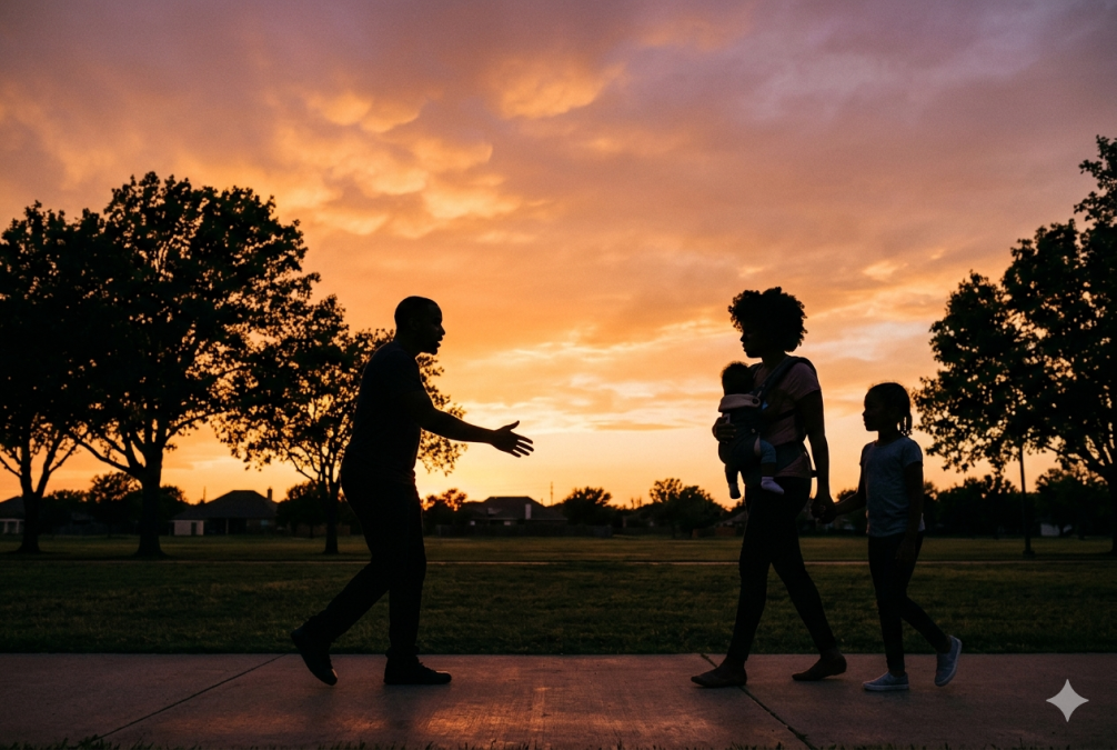 A woman with her two kids approaching a man. PHOTO/AI