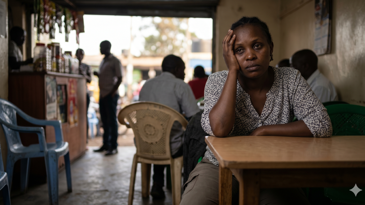 A photo of a tired woman resting her head in her hand at a roadside kiosk. PHOTO/Gemini