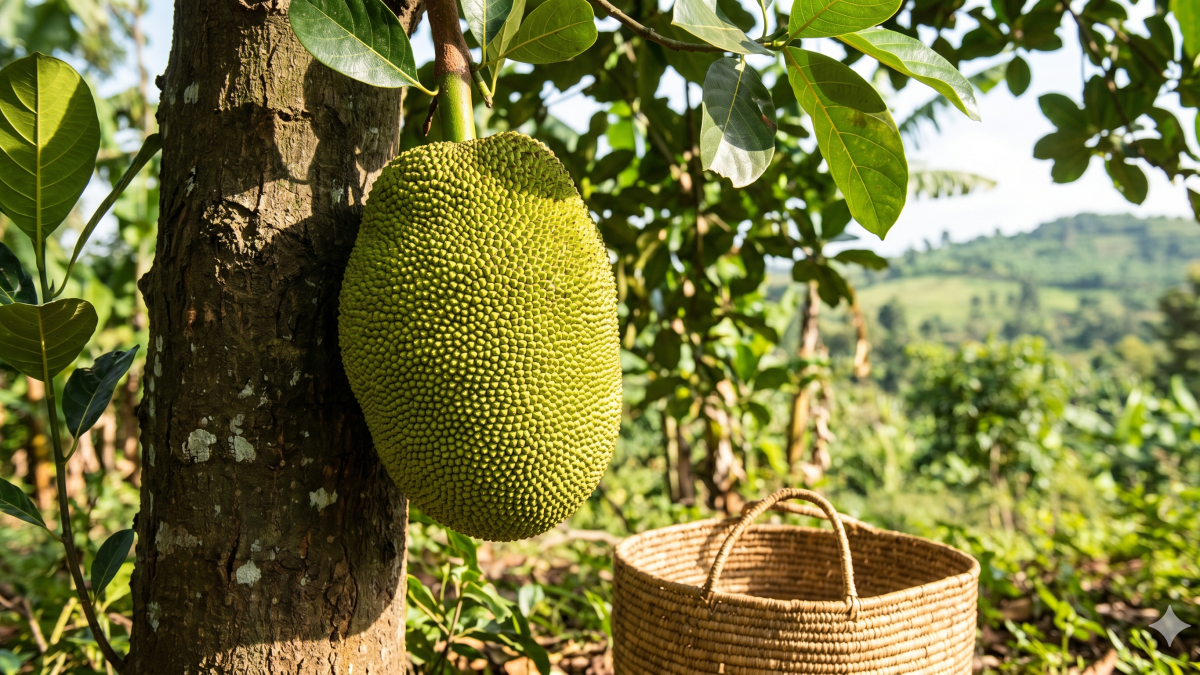 A striking close-up photograph capturing a massive, textured green fenesi hanging on a thick tree trunk in a lush, sunlit shamba. PHOTO/Gemini