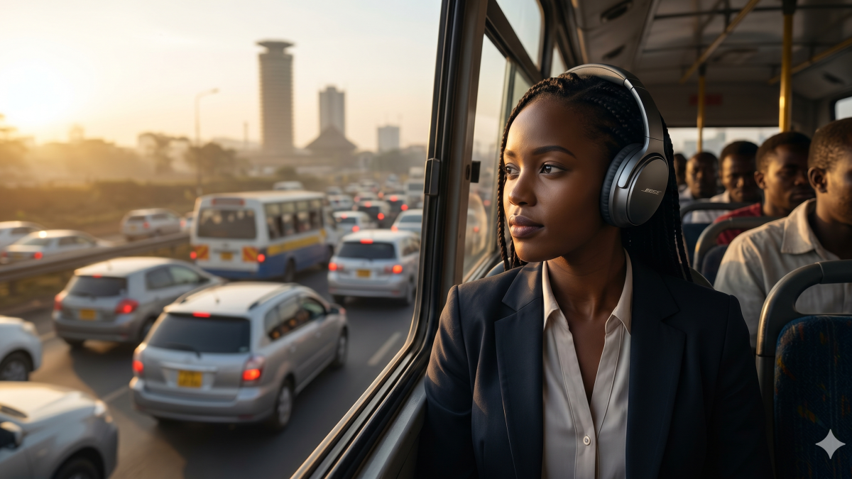 A woman with headphones in traffic. PHOTO/Gemini