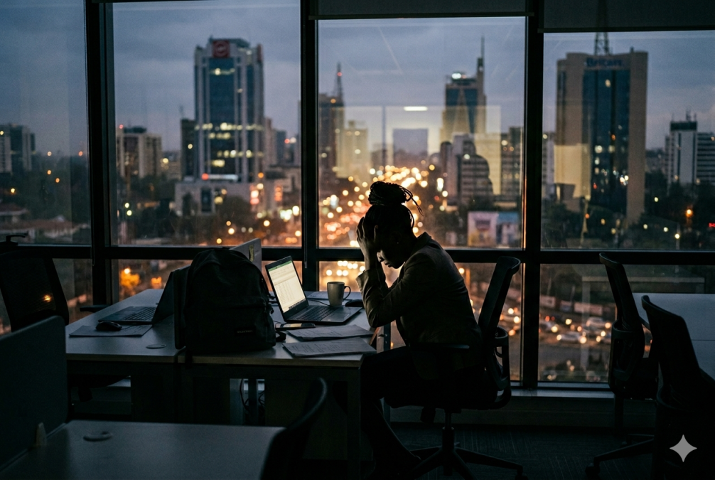 Stressed youth at the office during late hours. PHOTO/AI
