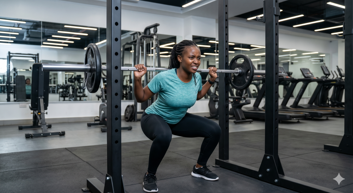 A determined woman in athletic wear focuses intently as she begins a barbell squat in an indoor gym. PHOTO/Gemini