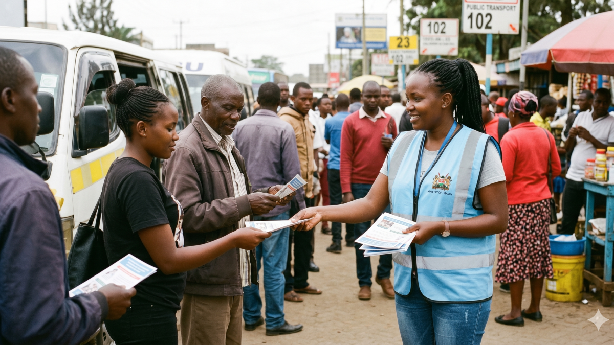 A community health volunteer distributes Ebola information leaflets at a busy matatu terminus. PHOTO/Gemini